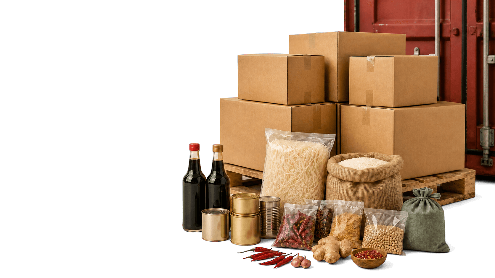Unbranded Asian pantry foods and wholesale cartons prepared for distribution
